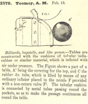 Pneumatic Billiard Cushion patent by A.M. Toomey