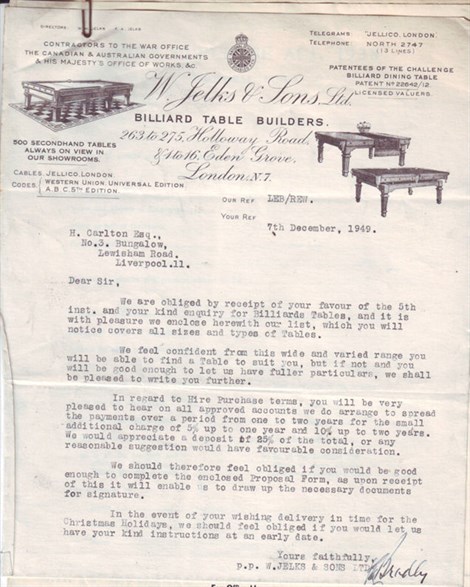 W.Jelks & Sons 1949 letter