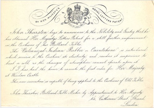 Thurston announcement of the patent for rubber cushions
