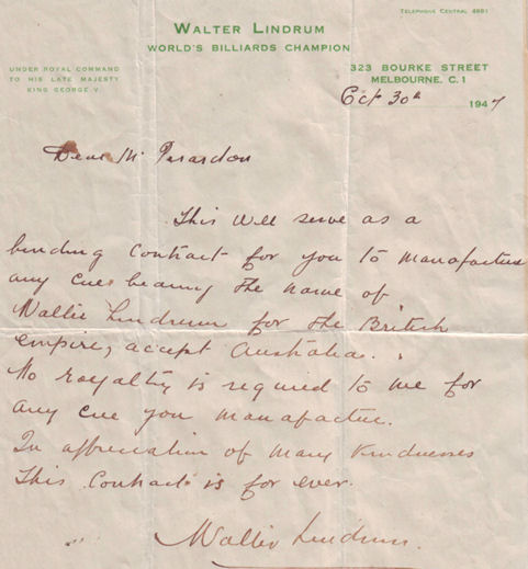 Walter Lindrum Letter re Billiard Cues