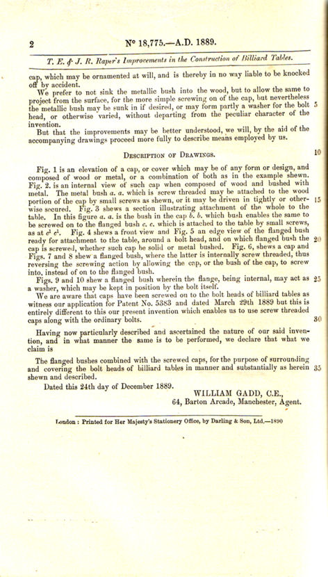 Raper 1889 patent for Billiard Table